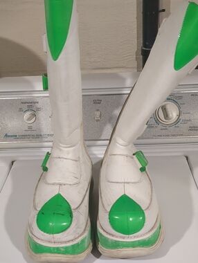 White and Green Demonia Platform Boots, With Subtle Circuit Board Pattern